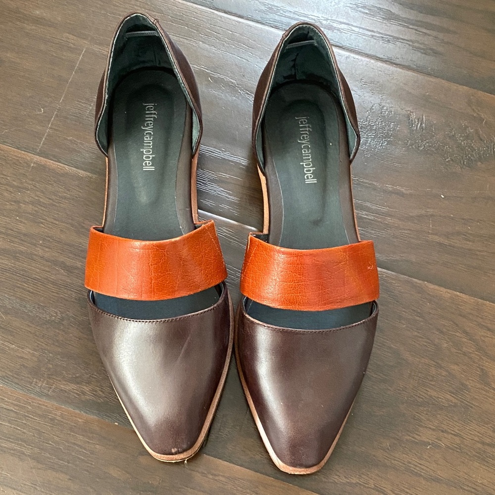 Jeffrey Campbell Joel’s Dark Brown and Rust Leather D’Orsay Flats. Size-9